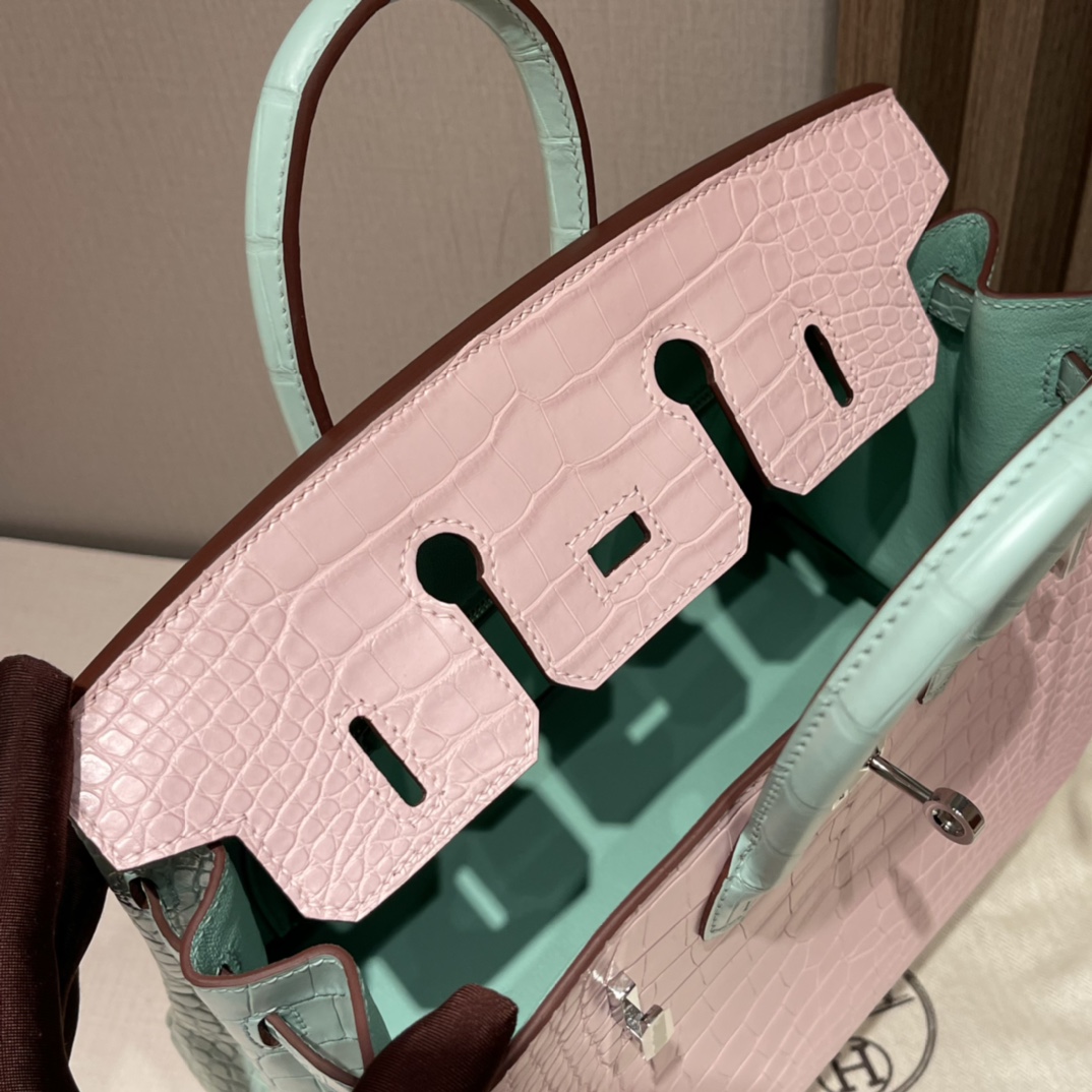 에르메스 버킨백25 핑크 민트그린 은장 악어가죽